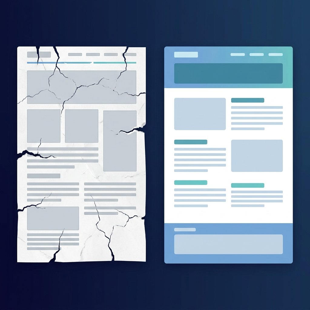 Comparison between a broken wireframe layout and a complete high-value website layout